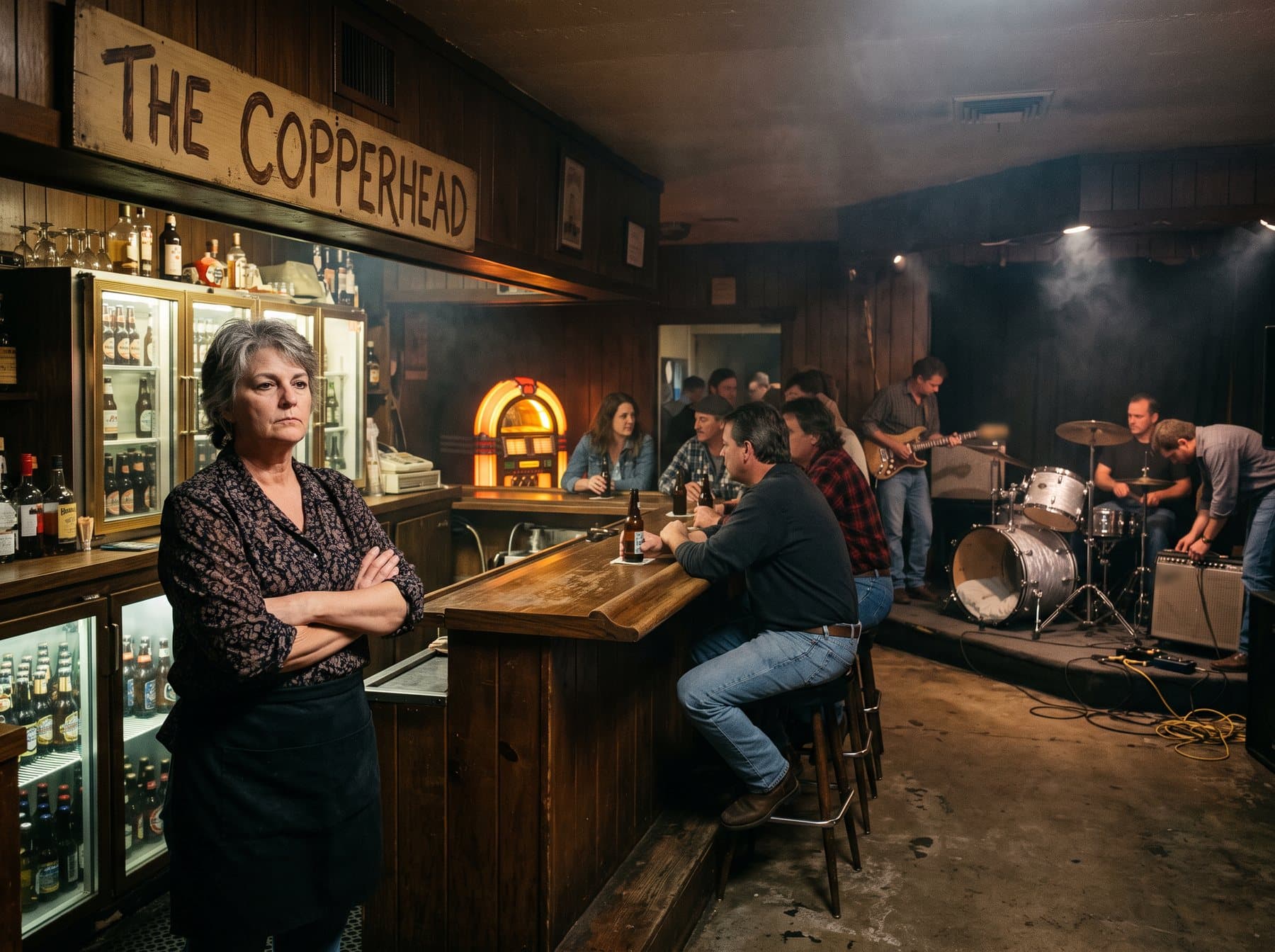 A small wood-paneled saloon on a Wednesday night, a woman behind the bar, a band in the corner