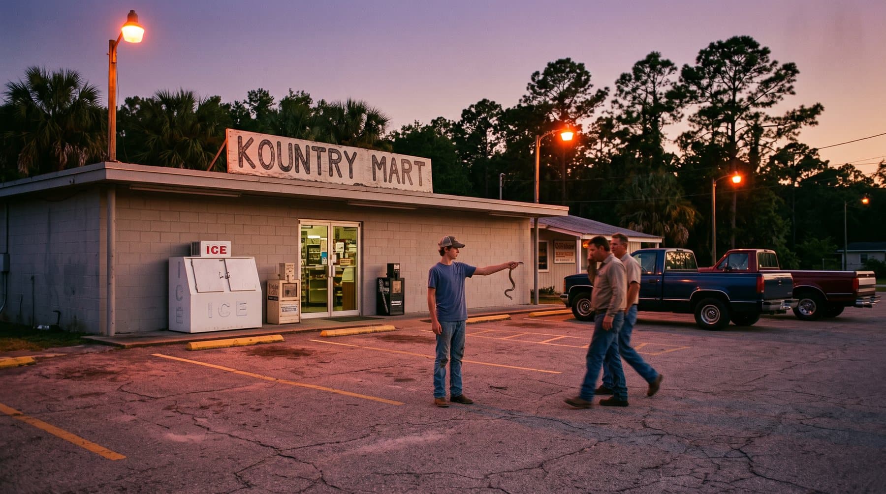 A convenience store parking lot at dusk under sodium lights, northeast Florida, 1991