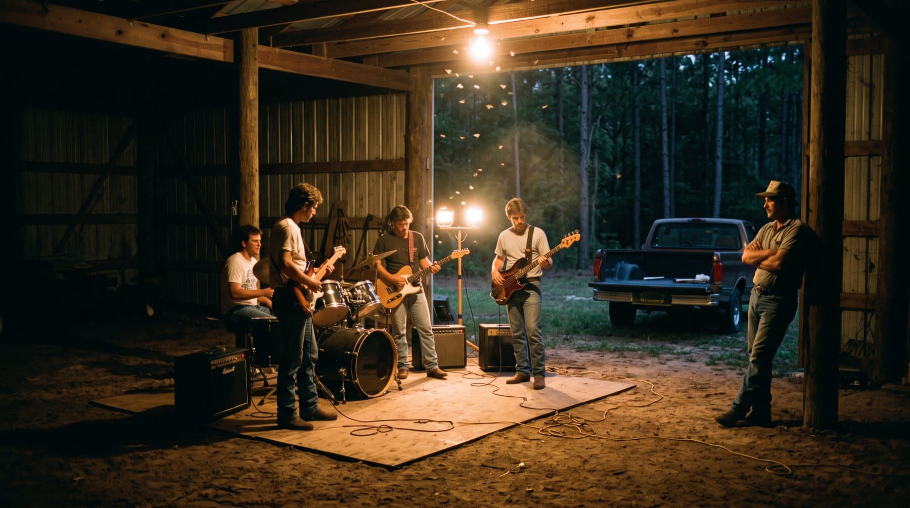 A four-piece band rehearsing inside an open pole barn at night beside a pickup truck