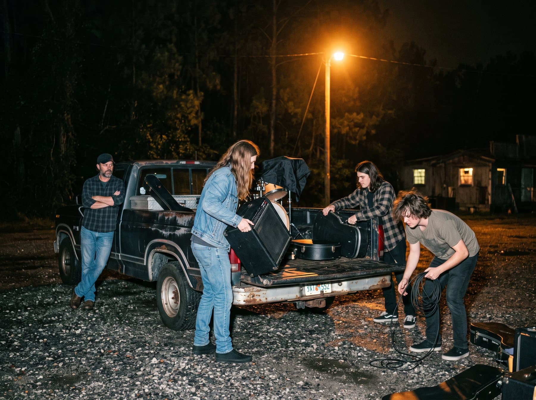 A man leaning against a pickup truck with his arms crossed while amplifiers are loaded at night