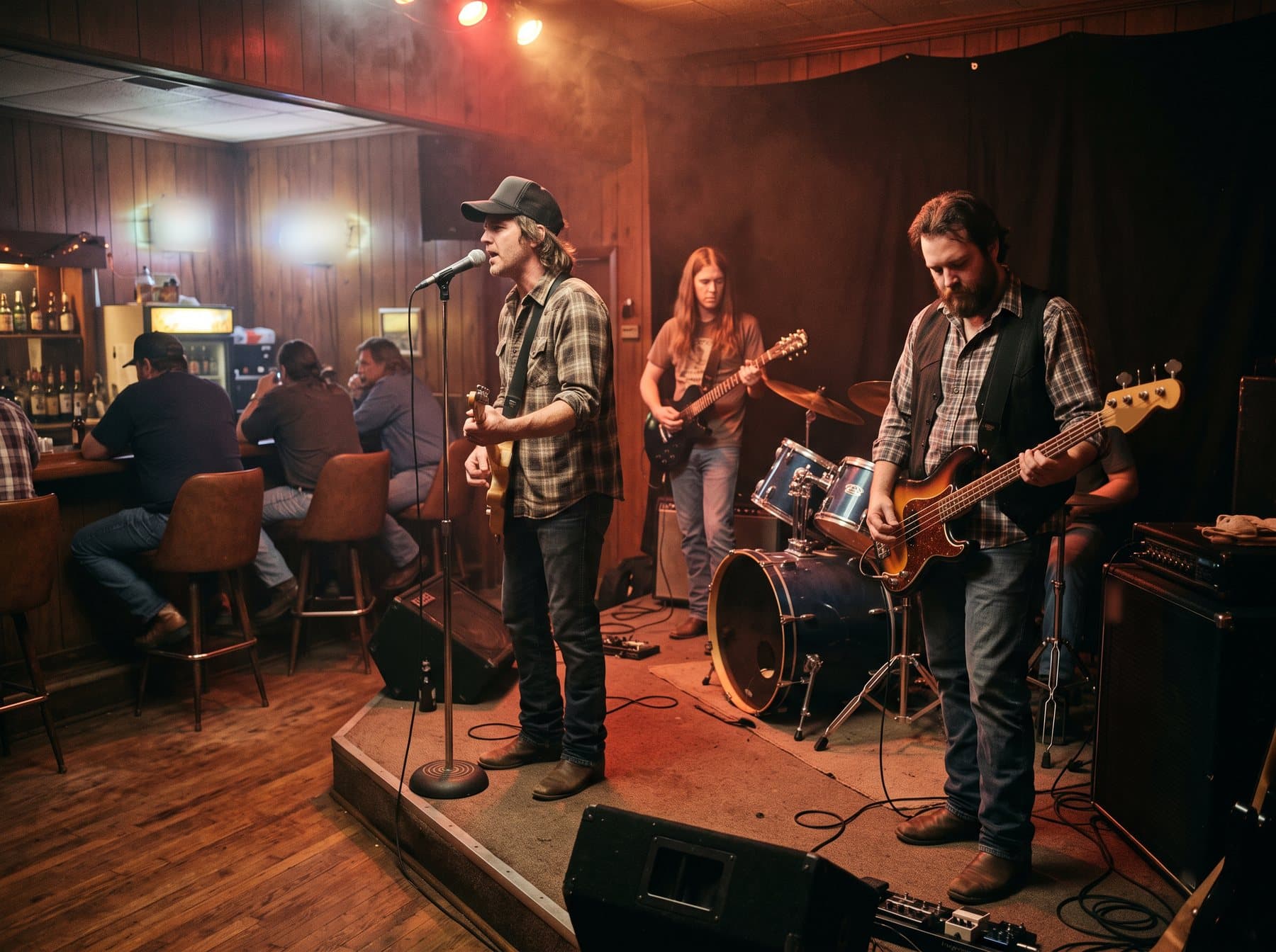 A Southern rock band playing a small bar in south Georgia, the bass player looking at his strings